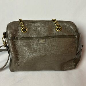 Fossil Mimi Satchel Crossbody Taupe Pebbled Patent Leather Chain Handle